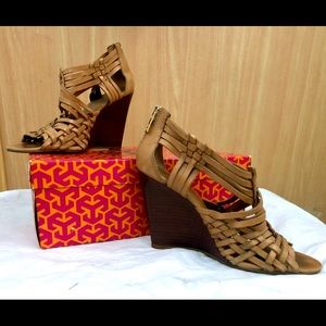 Tory Burch tan strappy wedge heels